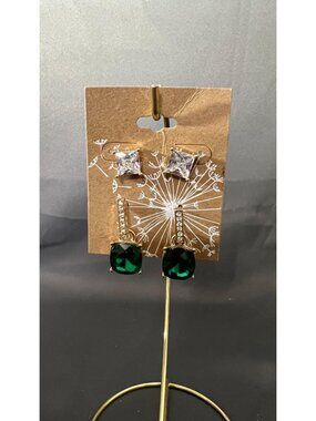 Two Pairs Of Elegant Crystal & Green Drop Earrings